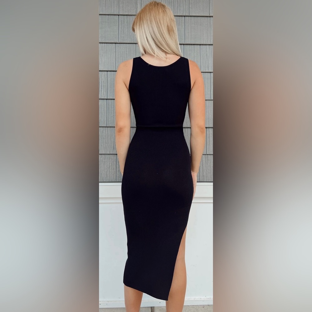Olivaceous Ribbed Black Sleeveless Bodycon Cutout Midi Dress - S - Picture 3 of 7